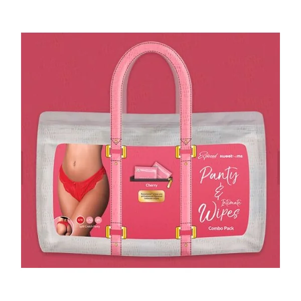 SWEETUMS SPLIT PANTY W/ WIPES CHERRY S/M
