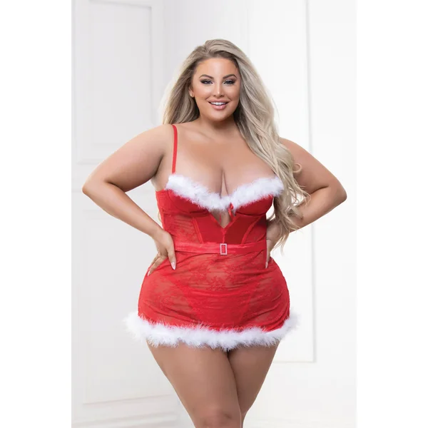 Two Piece Lace and Stretch Satin Chemise With Marabou Trim and G-String Set - 1x/2x - Red