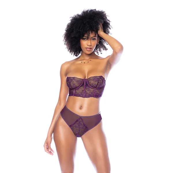 Underwire Bustier w/Removable Straps & High Waisted Thong 2 pc Set - Mulberry XL