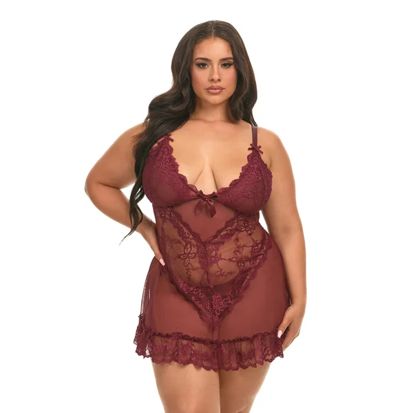 Valentine Lacey Babydoll w/G-String - Zinfandel