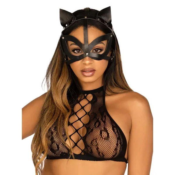 Vegan Leather Studded Cat Mask - Black