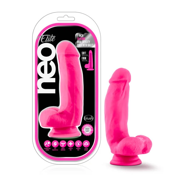 (WD) NEO ELITE 7IN SILICONE DU DENSITY COCK W/ BALLS NEON PINK