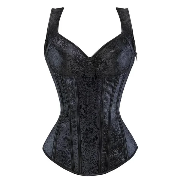 Women’s Floral Jacquard Overbust Corset – Gothic Steampunk Zipper Bustier with Straps