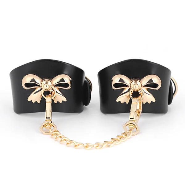ZYL Genuine Leather Petite Wrist Cuffs With Gold Bow